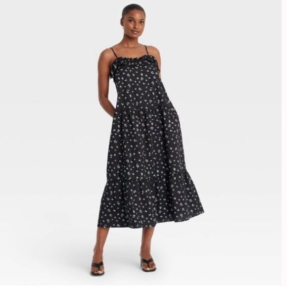 Who What Wear Black Tossed Buds Floral Sleeveless Trapeze Midi Dress - Picture 1 of 6